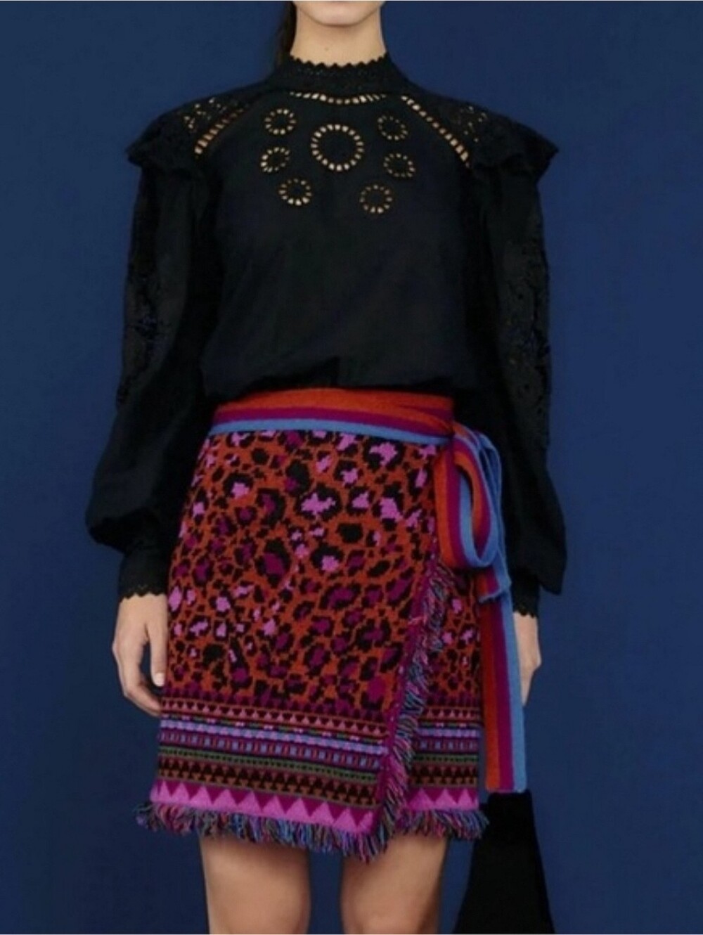 FARM Rio Ainika Tapestry Knit Mini Skirt Leopard Wrap Fringe Size Small Boho